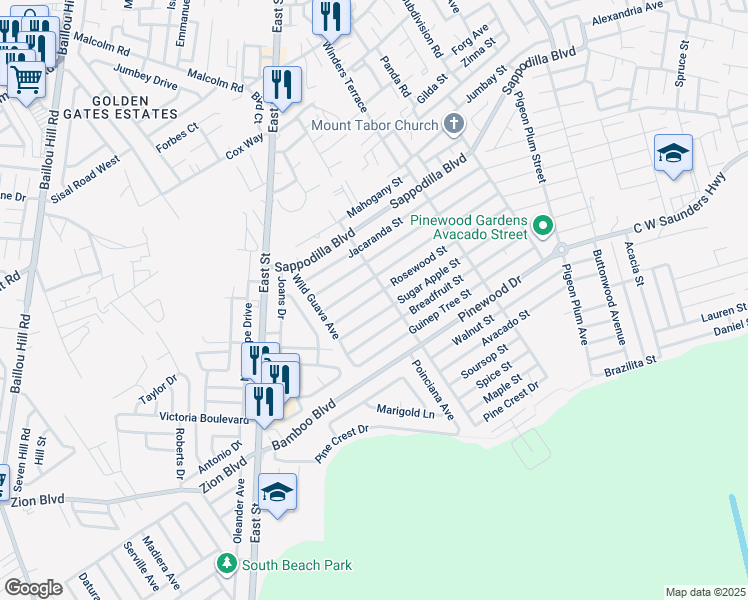map of restaurants, bars, coffee shops, grocery stores, and more near Rosewood Street in Nassau