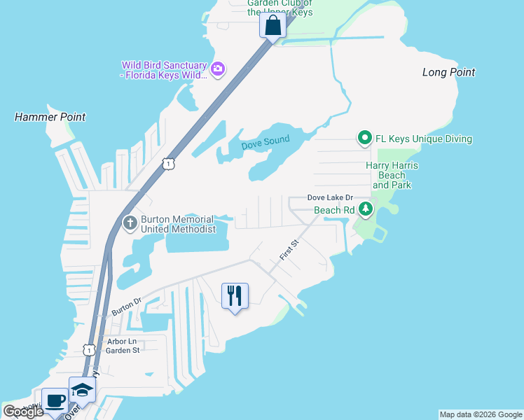 map of restaurants, bars, coffee shops, grocery stores, and more near 216 Hispanola Road in Tavernier