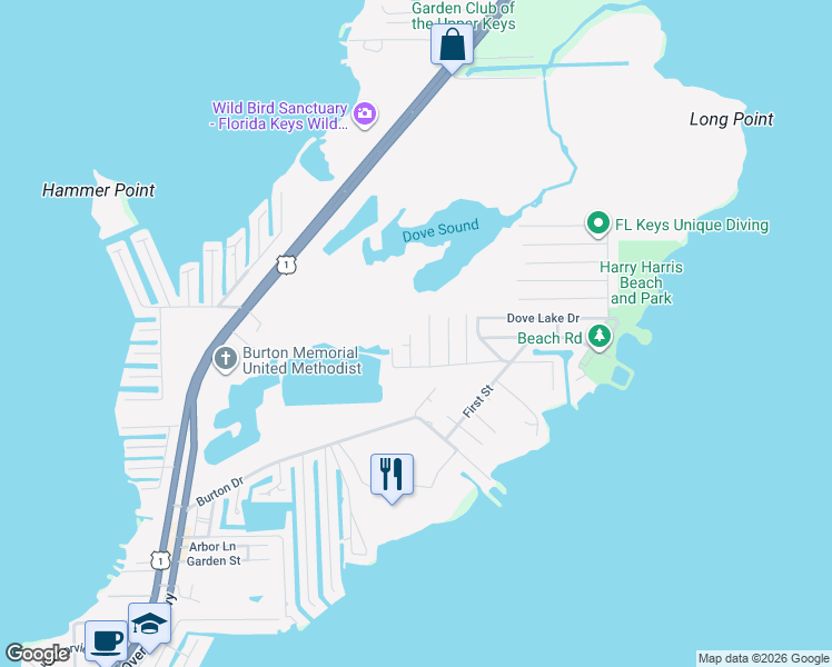 map of restaurants, bars, coffee shops, grocery stores, and more near 222 Antigua Road in Tavernier