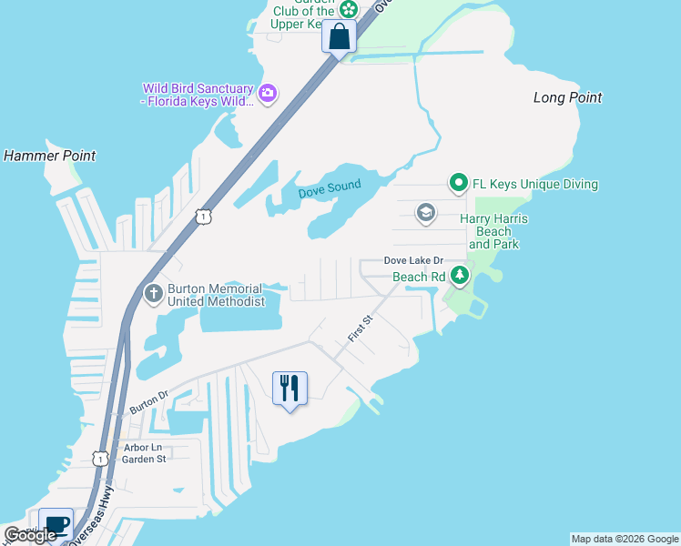map of restaurants, bars, coffee shops, grocery stores, and more near 216 Hispanola Road in Tavernier