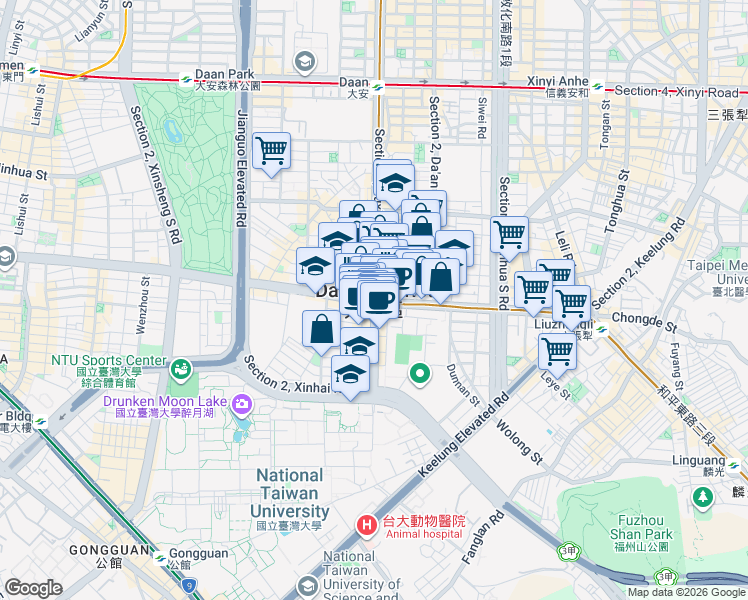 map of restaurants, bars, coffee shops, grocery stores, and more near in Da’an District