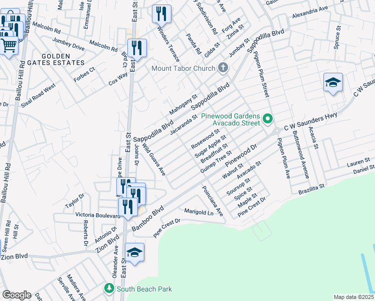 map of restaurants, bars, coffee shops, grocery stores, and more near Rosewood Street in Nassau