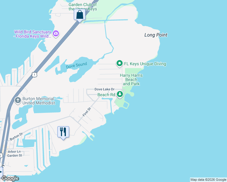 map of restaurants, bars, coffee shops, grocery stores, and more near 598 Beach Road in Tavernier