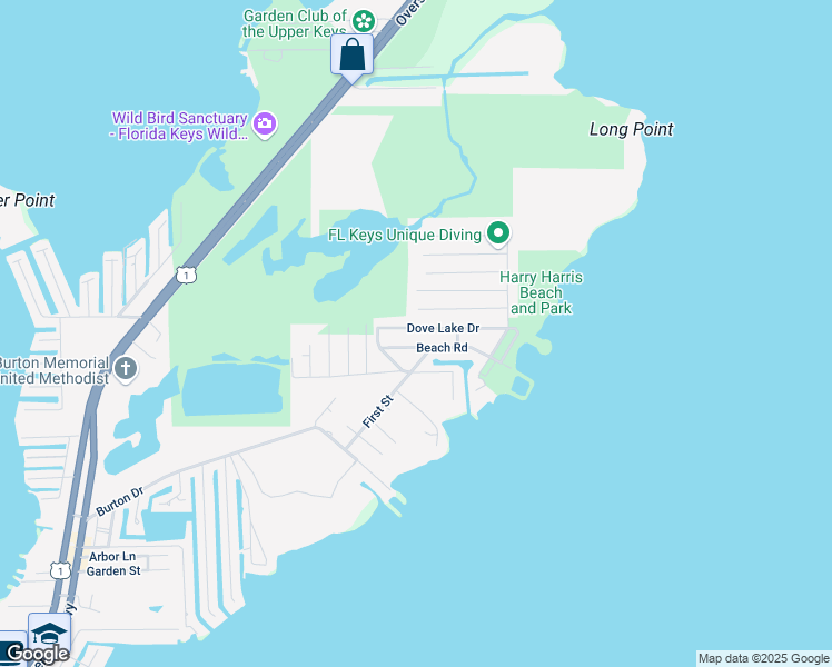 map of restaurants, bars, coffee shops, grocery stores, and more near 570 Beach Road in Tavernier