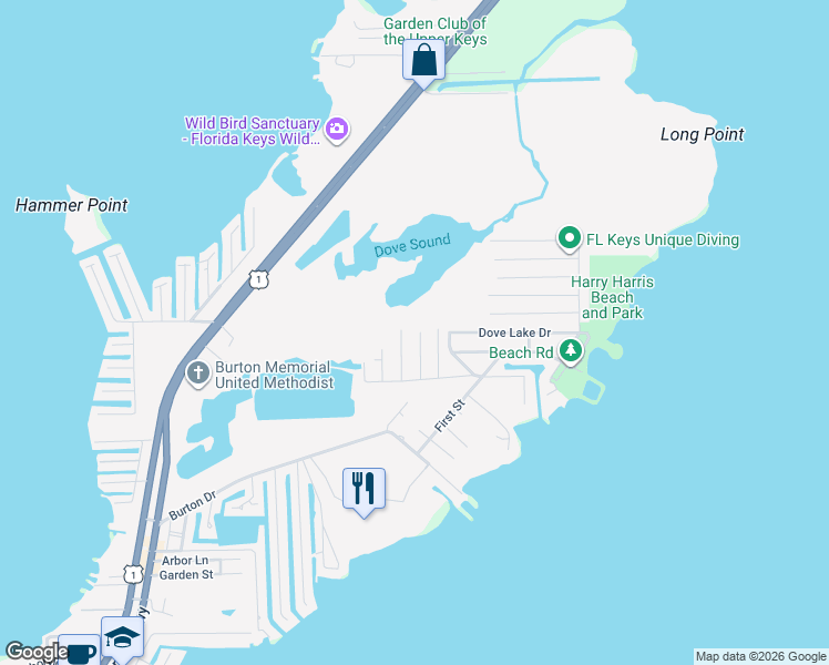map of restaurants, bars, coffee shops, grocery stores, and more near 253 W Indies Rd in Tavernier
