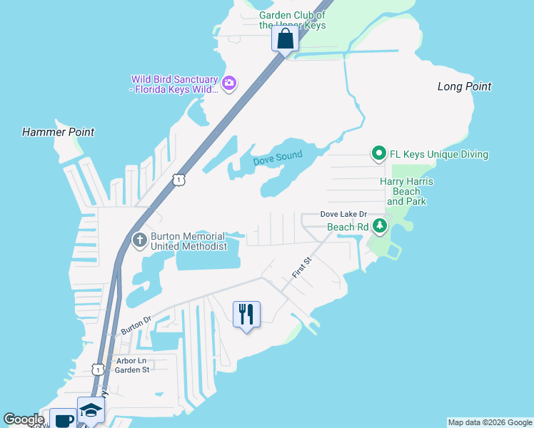 map of restaurants, bars, coffee shops, grocery stores, and more near 255 Cuba Road in Tavernier
