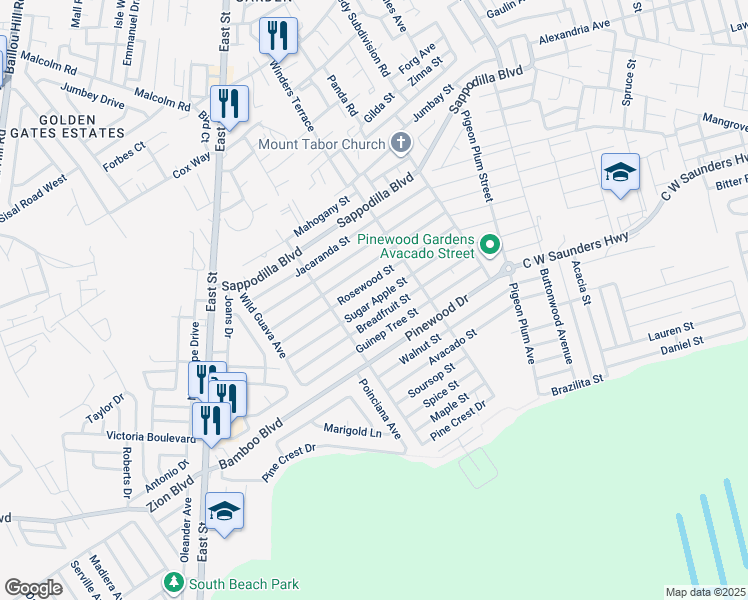 map of restaurants, bars, coffee shops, grocery stores, and more near Sugar Apple Street in Nassau