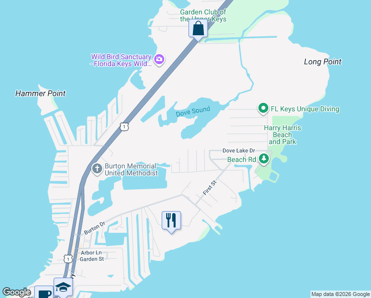 map of restaurants, bars, coffee shops, grocery stores, and more near 255 Cuba Road in Tavernier