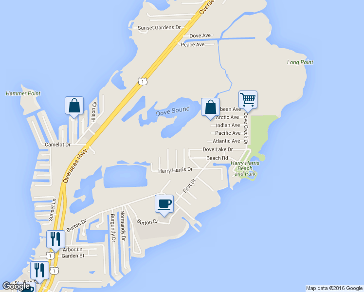 map of restaurants, bars, coffee shops, grocery stores, and more near 253 West Indies Road in Tavernier