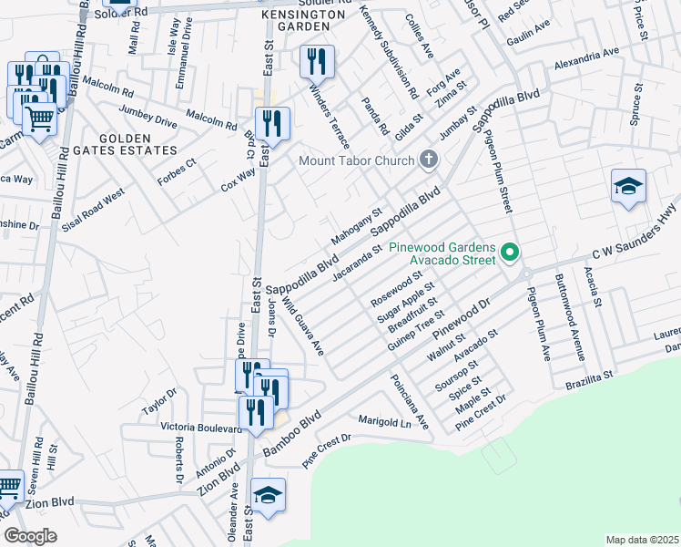 map of restaurants, bars, coffee shops, grocery stores, and more near Jacaranda Street in Nassau