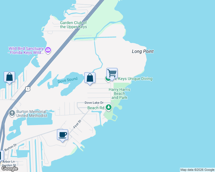 map of restaurants, bars, coffee shops, grocery stores, and more near 158 Dove Creek Drive in Tavernier