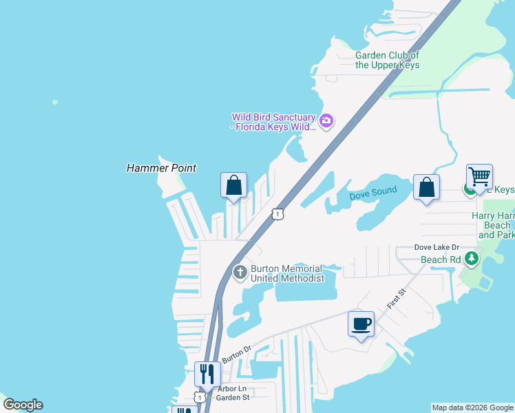 map of restaurants, bars, coffee shops, grocery stores, and more near Wellington Dr in Tavernier