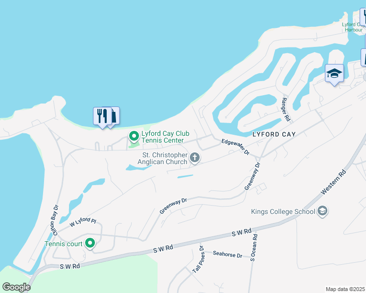 map of restaurants, bars, coffee shops, grocery stores, and more near Lyford Cay Drive in Nassau