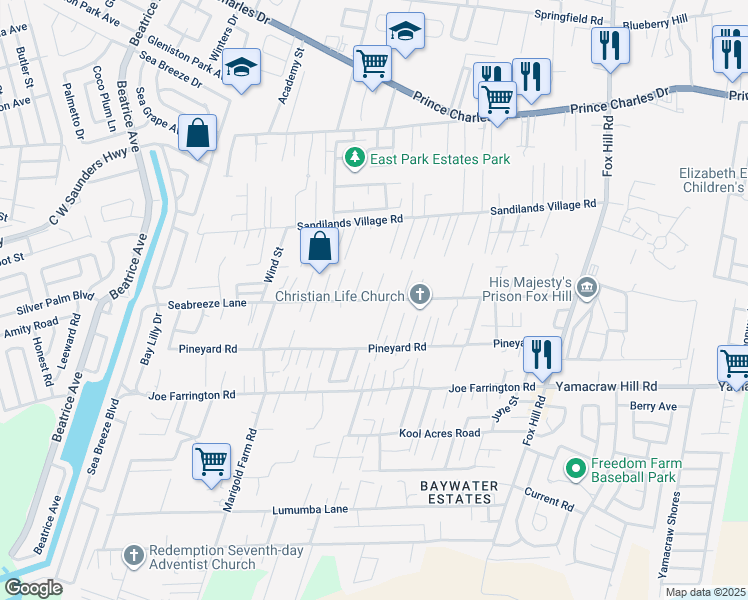 map of restaurants, bars, coffee shops, grocery stores, and more near Seabreeze Lane in Nassau