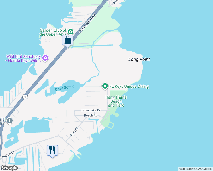 map of restaurants, bars, coffee shops, grocery stores, and more near 102 Caribbean Avenue in Key Largo