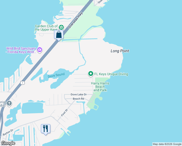 map of restaurants, bars, coffee shops, grocery stores, and more near 102 Caribbean Avenue in Key Largo