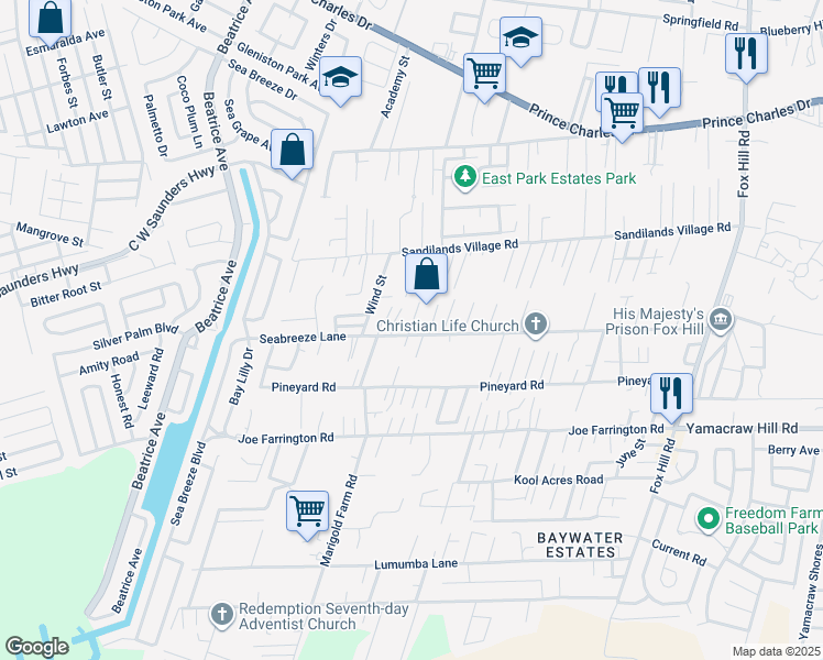 map of restaurants, bars, coffee shops, grocery stores, and more near Seabreeze Lane in Nassau