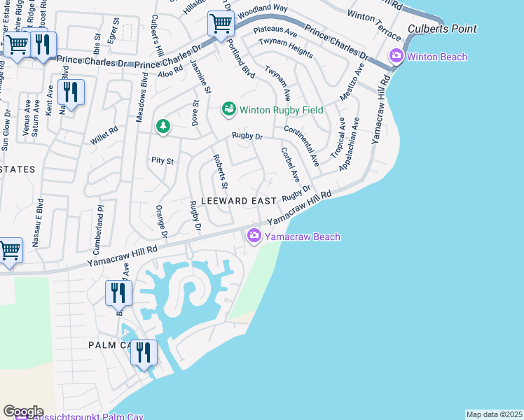 map of restaurants, bars, coffee shops, grocery stores, and more near Yamacraw Hill Road in Nassau