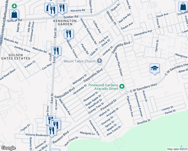 map of restaurants, bars, coffee shops, grocery stores, and more near Jacaranda Street in Nassau