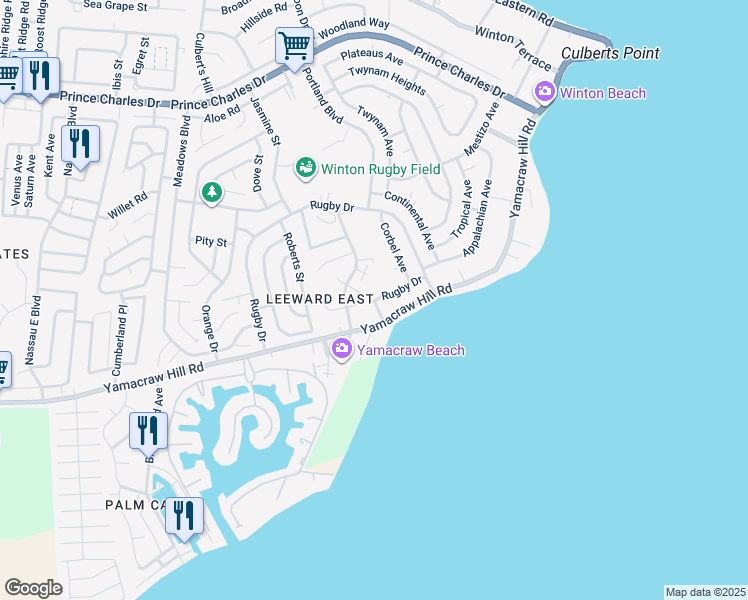 map of restaurants, bars, coffee shops, grocery stores, and more near Rugby Drive in Nassau