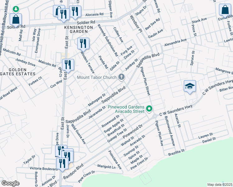 map of restaurants, bars, coffee shops, grocery stores, and more near Jacaranda Street in Nassau