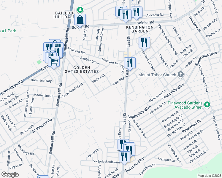 map of restaurants, bars, coffee shops, grocery stores, and more near Cox Way in Nassau