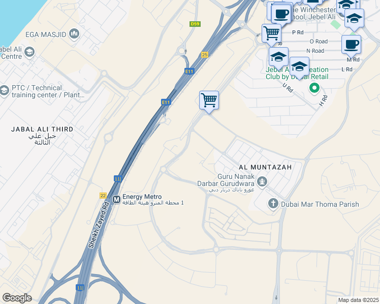 map of restaurants, bars, coffee shops, grocery stores, and more near Road 38 in Dubai