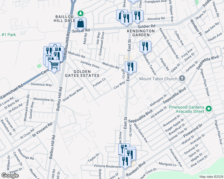 map of restaurants, bars, coffee shops, grocery stores, and more near Cox Way in Nassau