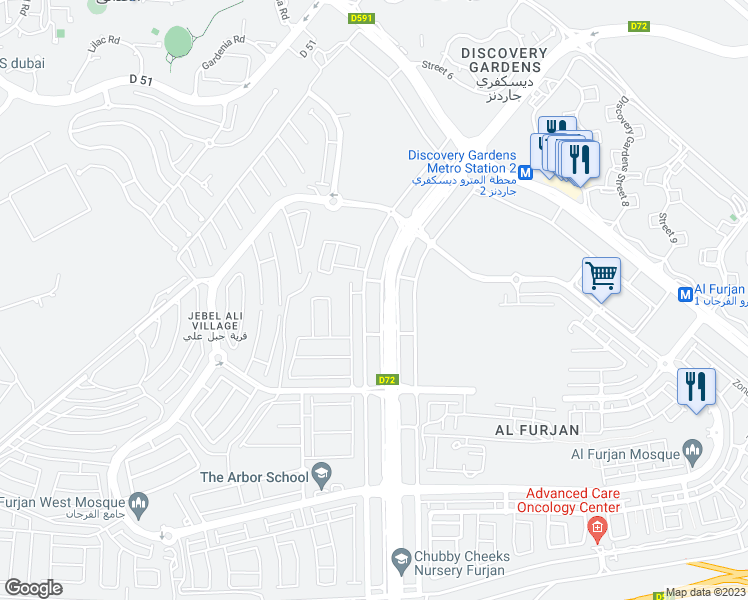 map of restaurants, bars, coffee shops, grocery stores, and more near شارع الأصايل in دبي