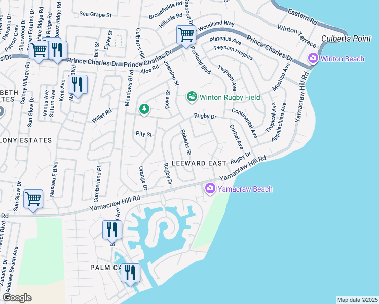 map of restaurants, bars, coffee shops, grocery stores, and more near Roberts Street in Nassau