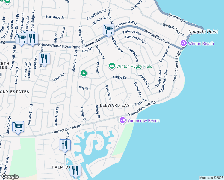 map of restaurants, bars, coffee shops, grocery stores, and more near Rugby Drive in Nassau