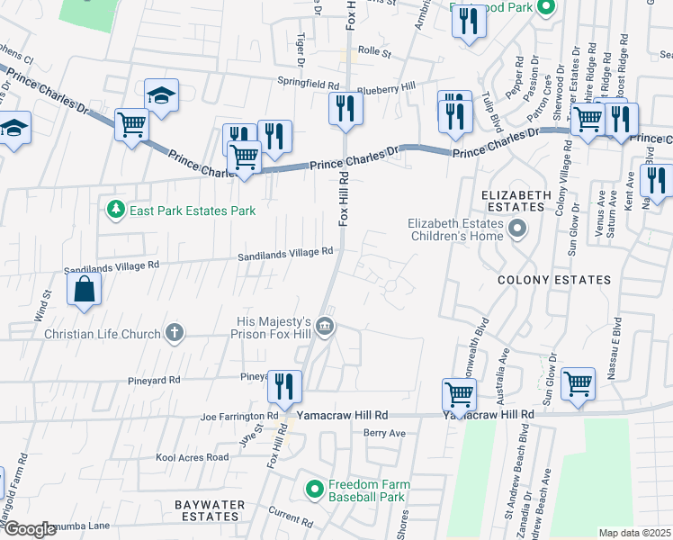map of restaurants, bars, coffee shops, grocery stores, and more near Fox Hill Road in Nassau