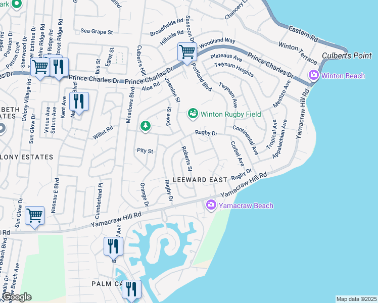 map of restaurants, bars, coffee shops, grocery stores, and more near Roberts Street in Nassau