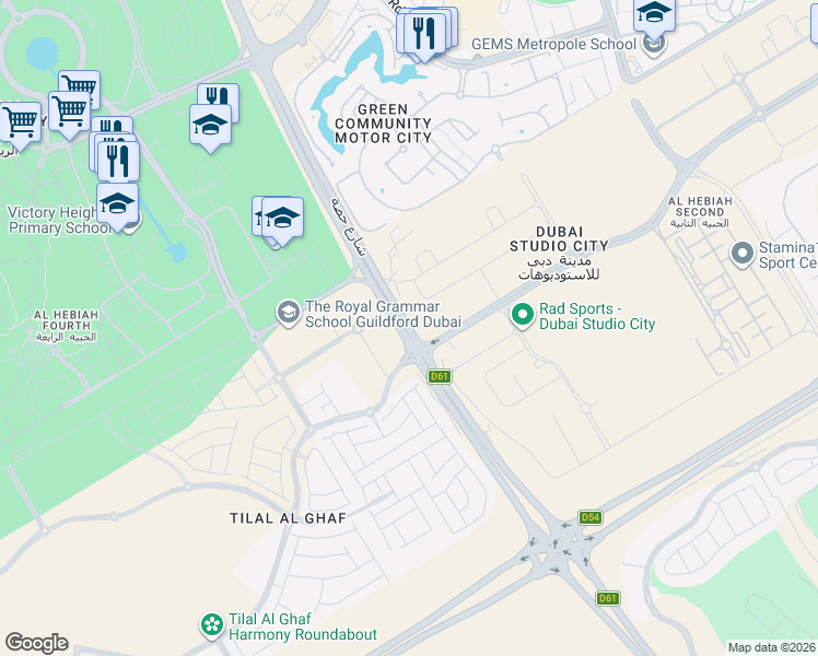 map of restaurants, bars, coffee shops, grocery stores, and more near Hessa Street in Dubai