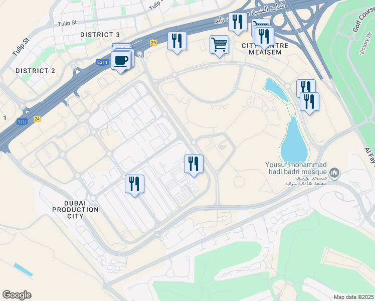 map of restaurants, bars, coffee shops, grocery stores, and more near Sheikh Mohammed Bin Zayed Road in Dubai