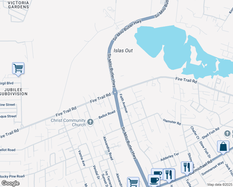 map of restaurants, bars, coffee shops, grocery stores, and more near Sir Milo Butler Highway in Nassau