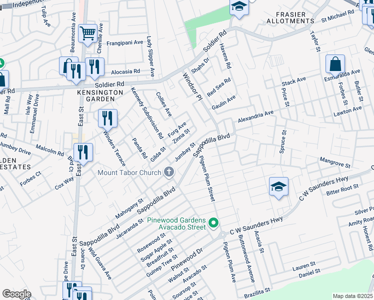 map of restaurants, bars, coffee shops, grocery stores, and more near Jumbay Street in Nassau