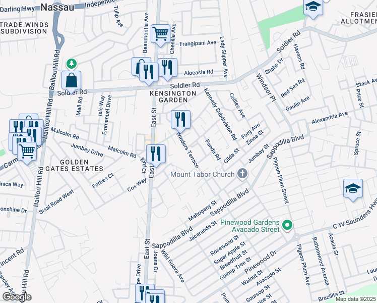 map of restaurants, bars, coffee shops, grocery stores, and more near Winders Terrace in Nassau