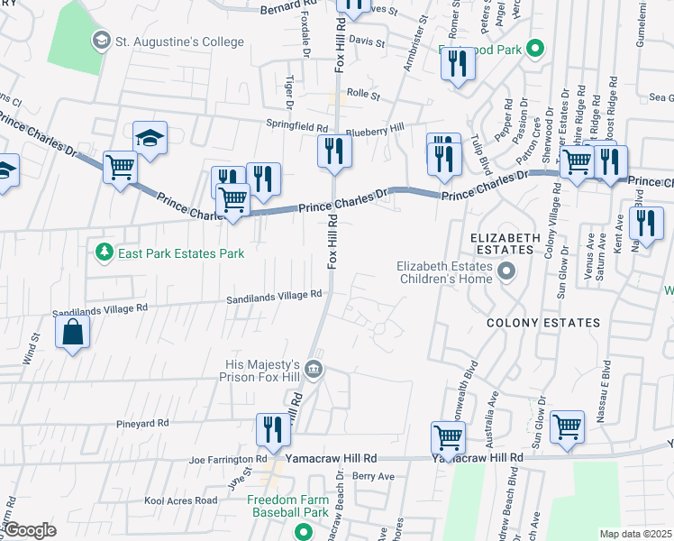 map of restaurants, bars, coffee shops, grocery stores, and more near Fox Hill Road in Nassau