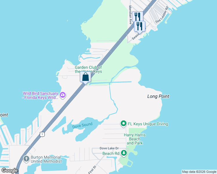 map of restaurants, bars, coffee shops, grocery stores, and more near 166 Peace Avenue in Tavernier