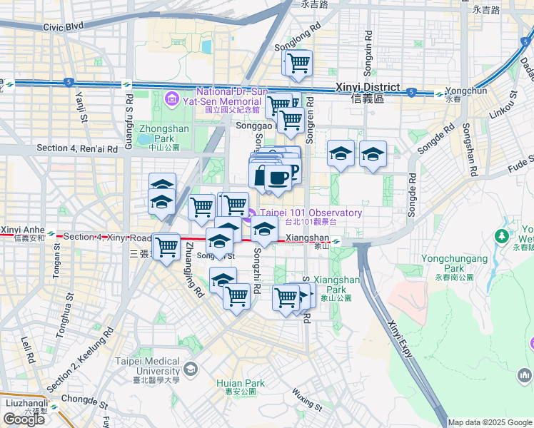 map of restaurants, bars, coffee shops, grocery stores, and more near 17 Songzhi Road in Xinyi District
