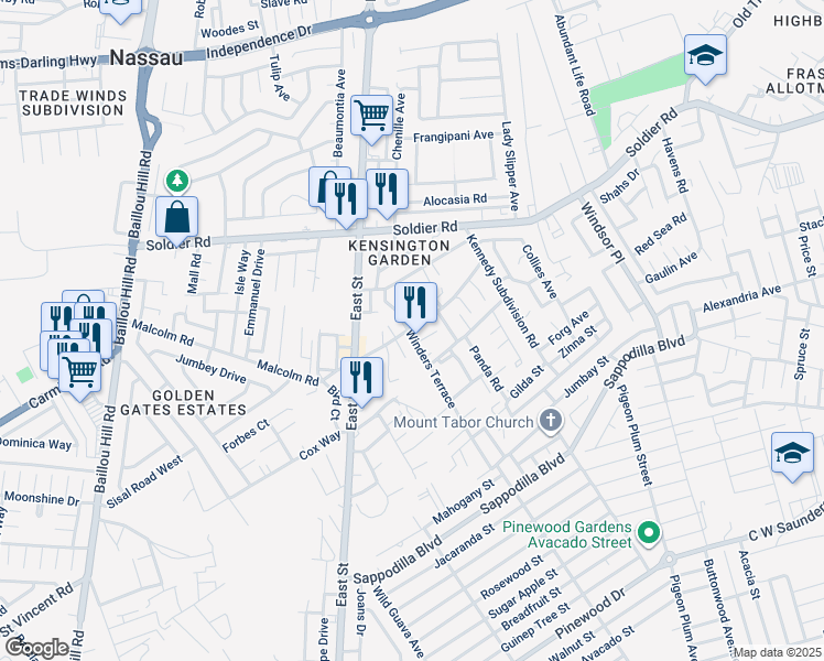 map of restaurants, bars, coffee shops, grocery stores, and more near Winders Terrace in Nassau