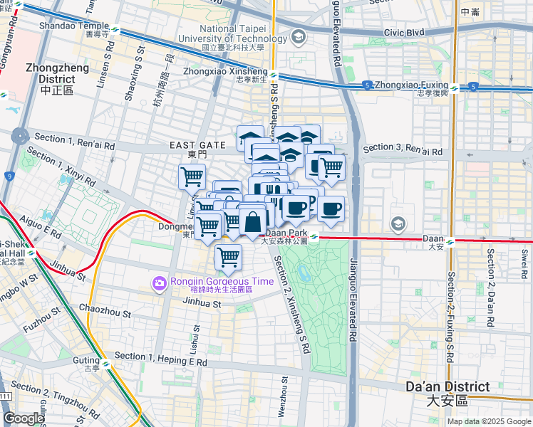 map of restaurants, bars, coffee shops, grocery stores, and more near 157 樓7 之1 Section 1, Xinsheng South Road in Da’an District