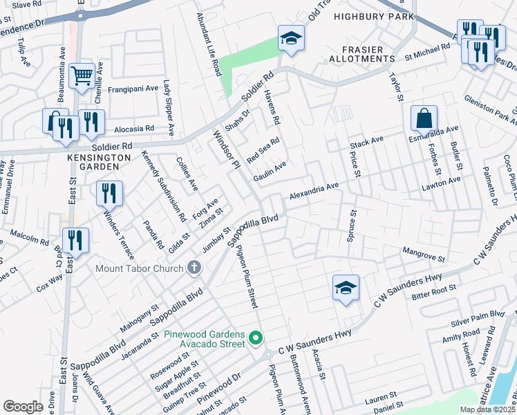 map of restaurants, bars, coffee shops, grocery stores, and more near Jumbay Street in Nassau