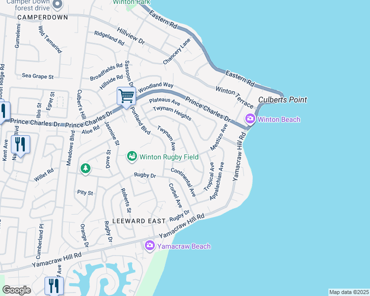 map of restaurants, bars, coffee shops, grocery stores, and more near Twynam Heights Circle in Nassau