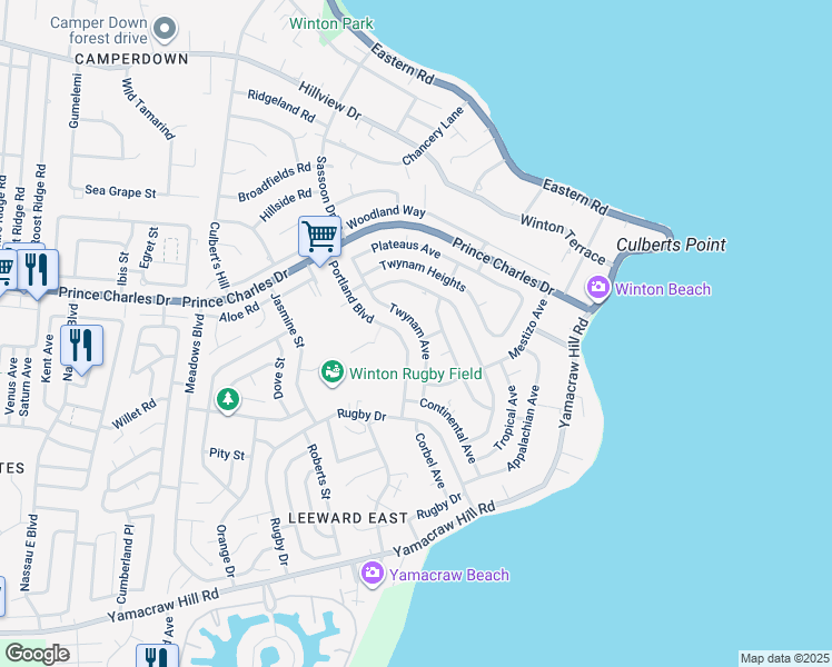 map of restaurants, bars, coffee shops, grocery stores, and more near Twynam Heights Circle in Nassau
