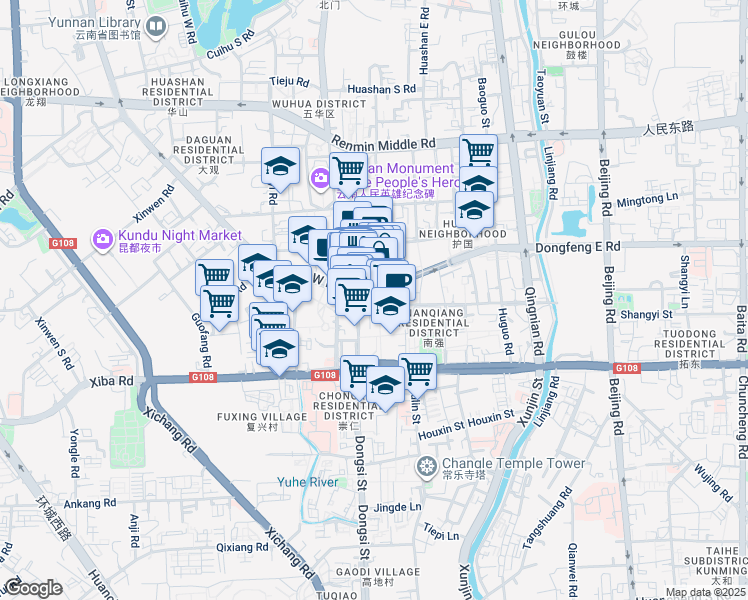 map of restaurants, bars, coffee shops, grocery stores, and more near Dong Feng Xi Lu in Kun Ming Shi