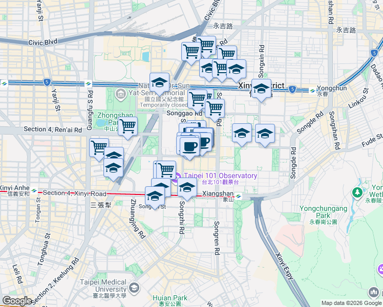 map of restaurants, bars, coffee shops, grocery stores, and more near 11 Songshou Road in Xinyi District