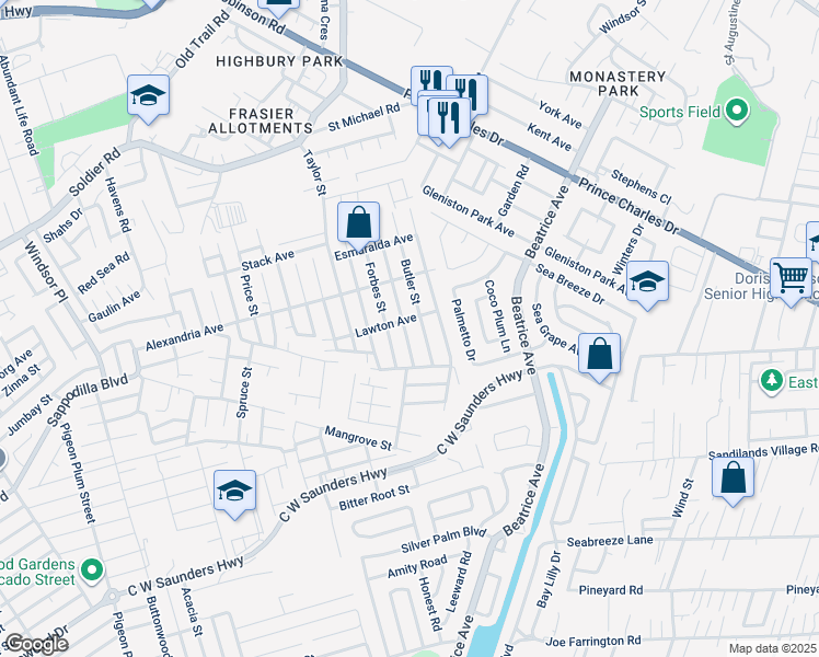 map of restaurants, bars, coffee shops, grocery stores, and more near Alexandria Avenue in Nassau