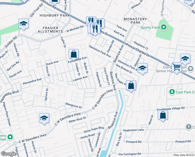 map of restaurants, bars, coffee shops, grocery stores, and more near 24 Palmetto Drive in Nassau